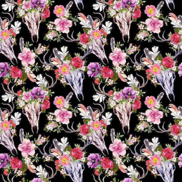 鹿的头骨和花。无缝模式。水彩素材图片