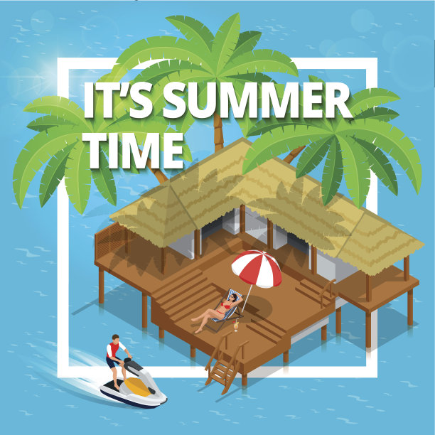 它的夏季时间或夏季假期概念。矢量背景平面3d矢量等角插图墙纸，乐趣，派对，背景，矢量，天空，图片，艺术，图像，设计，旅行，海报，事件图片下载