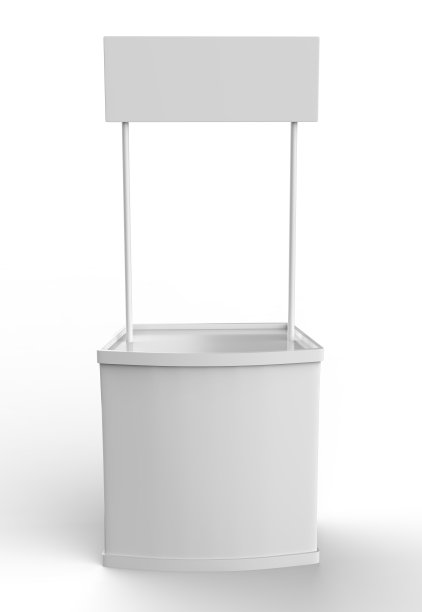 白色空白广告POS POI PVC促销柜台摊位，零售贸易摊位上的白色背景。模拟模板为您的设计。3D插图图片下载