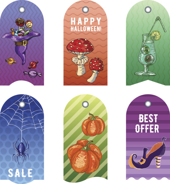 万圣节促销标签：帽子、糖果、毒菌、鸡尾酒、蜘蛛网蜘蛛、南瓜、巫婆鞋矢量素材图片下载