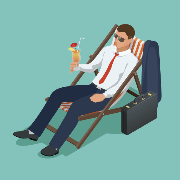 商人在海滩上的日光浴躺椅上休息。等距的人。经营理念、创新、发展和战略载体图片下载