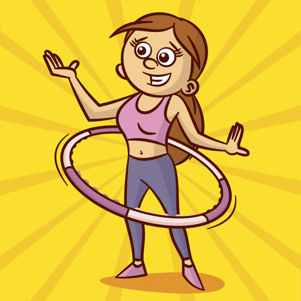 可爱的年轻女子在玩呼啦圈。向量健身插图图片下载