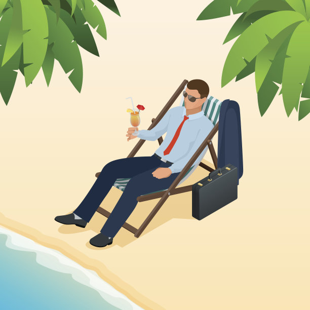 商人在海滩上的日光浴躺椅上休息。等距的人。经营理念、创新、发展和战略载体图片下载