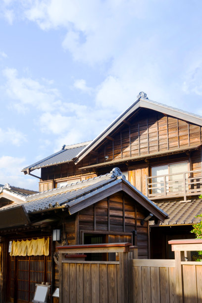 日本传统的历史木结构老房子在清晨蔚蓝的阴天和清澈的河水下图片下载