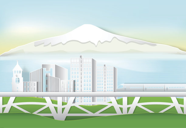 高铁穿越城市和山区，以自然为背景。纸艺术，剪纸风格图片下载