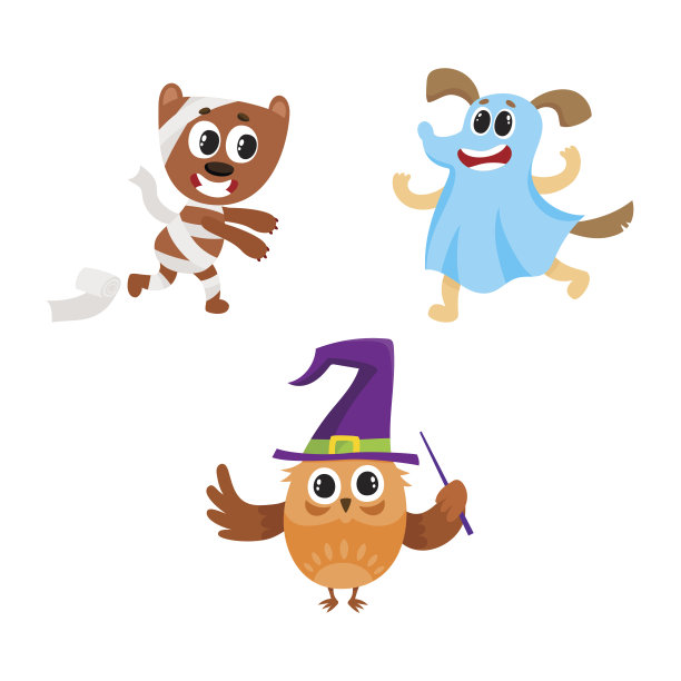 装扮成万圣节服装的猫头鹰、狗和熊图片下载