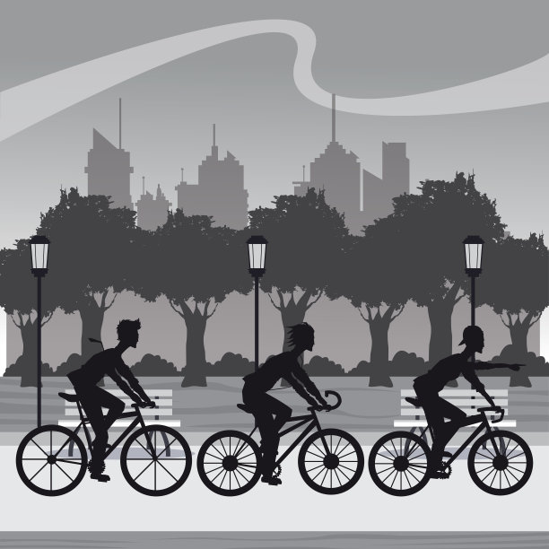 剪影组青少年骑自行车公园城市背景图片下载