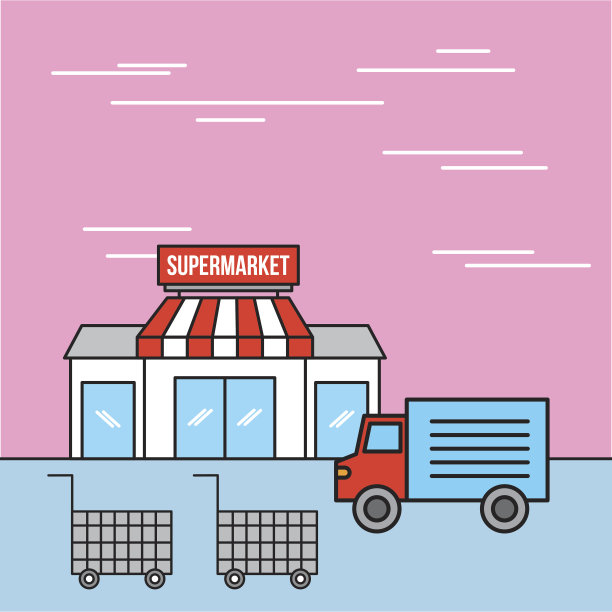 超市外立面送货卡车和购物车购物图片下载