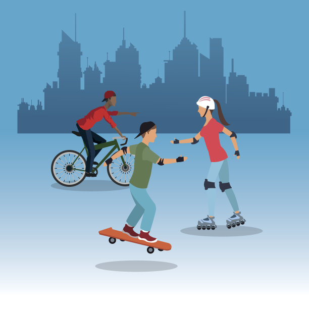 人骑自行车轮滑的城市背景图片下载