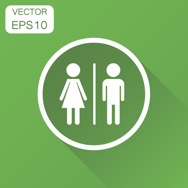 厕所,卫生间图标。经营理念男人和女人为厕所签名的象形文字。矢量插图上的绿色背景和长阴影。图片下载