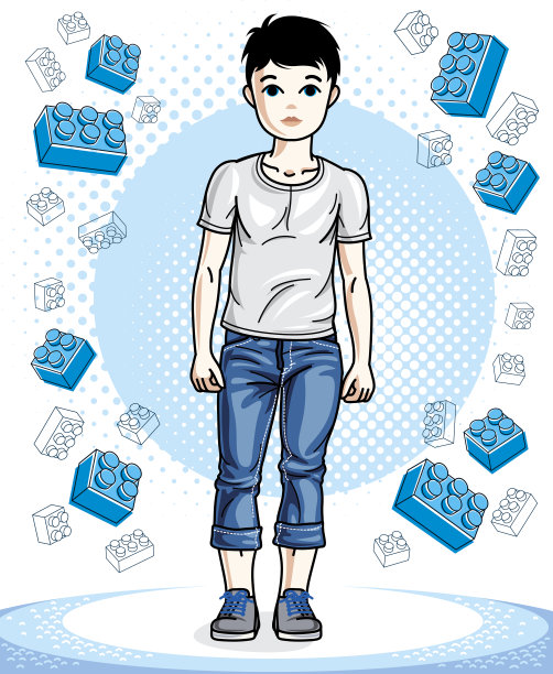 年轻的男孩可爱漂亮的站在时尚的休闲衣服。矢量美丽的人类插图。童年生活剪辑艺术。图片下载