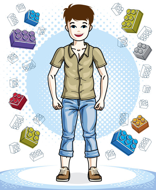 漂亮漂亮的年轻男孩摆造型在时尚的休闲衣服。向量有吸引力的孩子插图。童年生活方式的卡通。图片下载