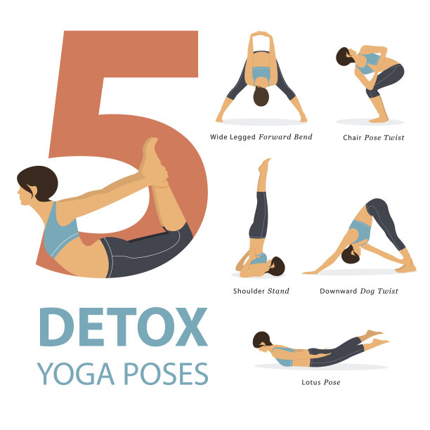一套瑜伽姿势女性数字信息图5瑜伽姿势为良好的健康在平面设计。向量。素材图片