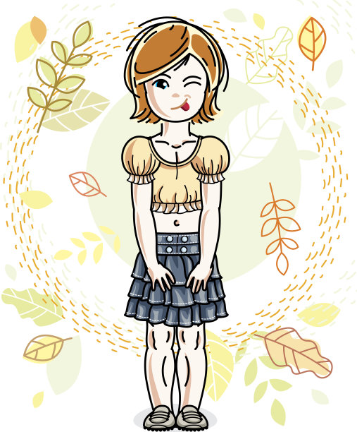 可爱快乐的红发小女孩穿着时尚的休闲装，在秋色的背景下摆姿势。向量的性格。图片下载