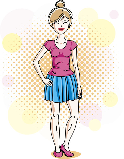 美丽的金发女人成人站在五颜六色的背景与泡沫和穿着休闲衣服。矢量吸引女性插图。生活方式的主题的卡通。图片下载