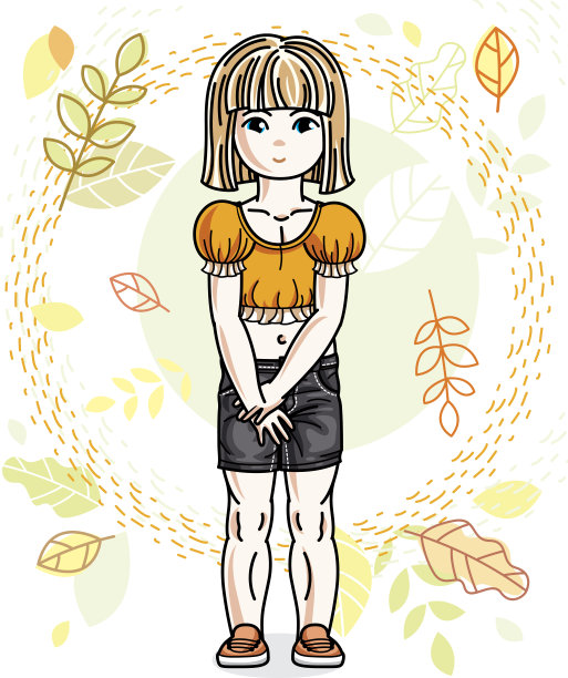 一个金发的小女孩，穿着时尚的休闲服，站在秋色的背景下蹒跚学步。向量有吸引力的孩子插图。时尚生活主题卡通。图片下载