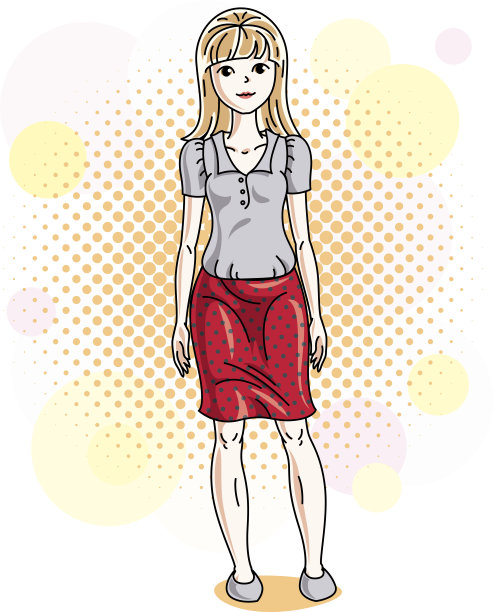 迷人的金发女人摆出彩色的背景气泡和圆圈，穿着休闲衣服。矢量漂亮的女士插图。图片下载