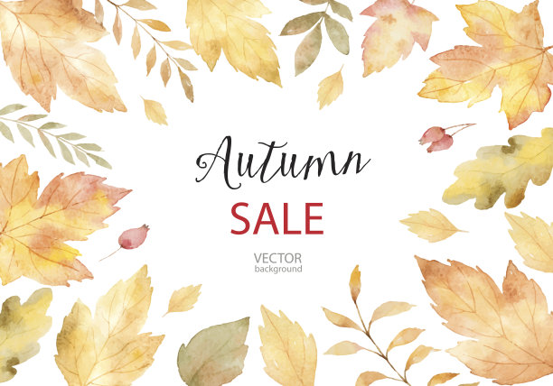 水彩矢量秋天旗帜销售孤立在白色的背景。素材图片