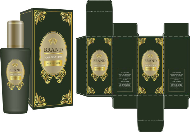 包装容器上的标签与金色和绿色豪华盒设计模板和模型盒。图片下载