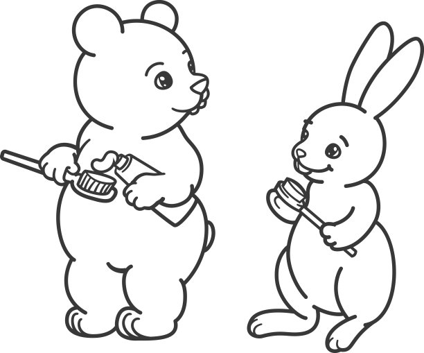 熊和兔子用牙刷刷牙。图片上色、勾勒。图片下载