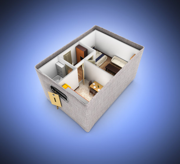 室内公寓无顶公寓布局内盒概念购买一个家或移动在深蓝色梯度背景3d渲染图片下载