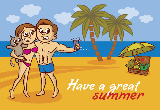 一对年轻夫妇和一只猫在海滩上用手机自拍图片下载