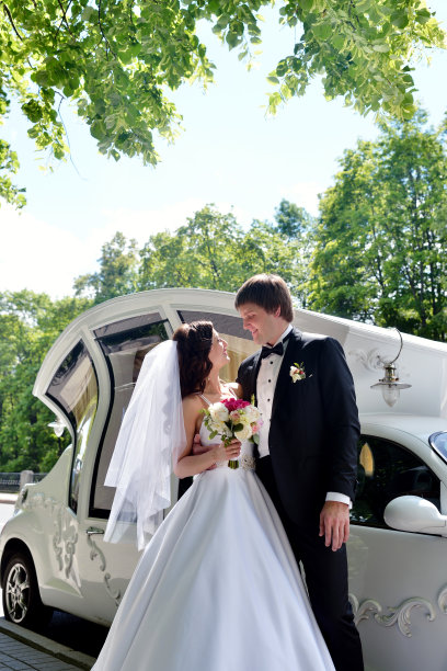 新婚夫妇在大自然中是互相拥抱的图片下载