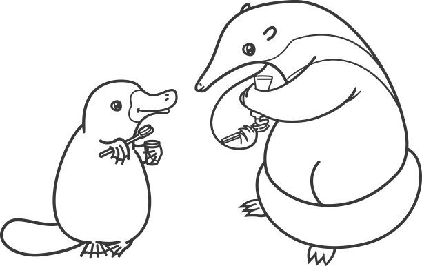 鸭嘴兽和食蚁兽用牙刷刷牙。图片上色、勾勒。图片下载