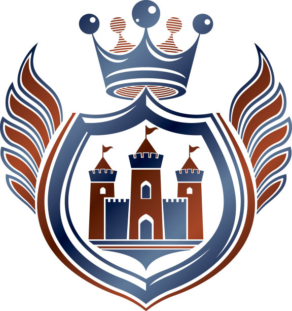 纹章纹章装饰徽章与中世纪城堡，孤立的矢量插图。带皇冠的翼护盾，防御。图片下载