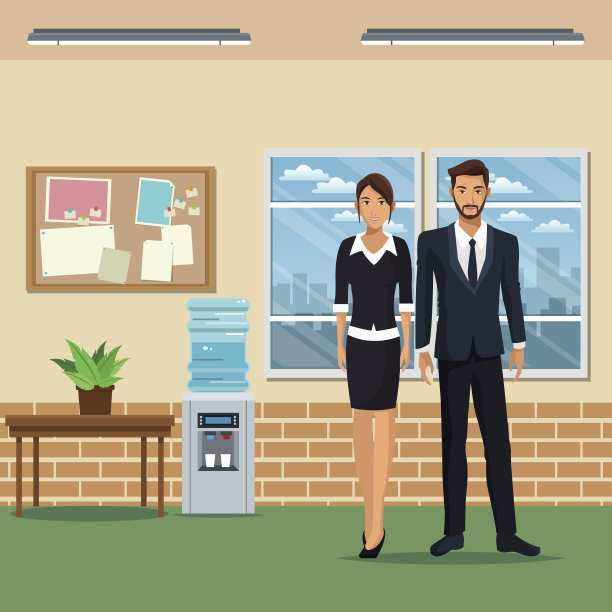 男人和女人办公室工作的地方，桌子，植物，花盆，冷却器水图片下载