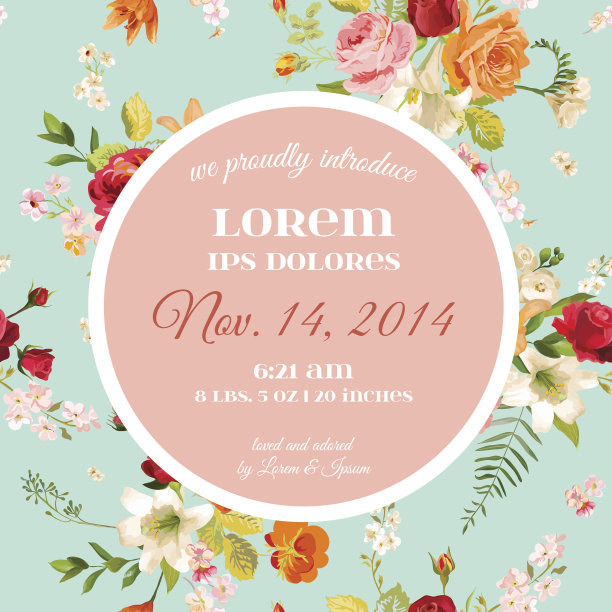 婴儿送礼会邀请模板。鲜花贺卡与百合和兰花。为庆祝分娩聚会装饰。矢量图图片下载