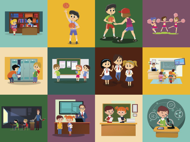回到学校套象形文字，儿童生活报纸和图书馆，男孩篮球女孩拉拉队，老师与学生上课，教授讲座学院，构建矢量插图图片下载