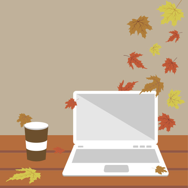 秋天-用热咖啡在笔记本电脑上工作图片下载