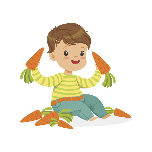 可爱的小男孩坐着玩胡萝卜，儿童健康食品概念彩色矢量插画图片下载