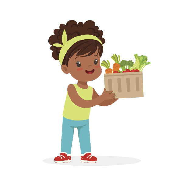 甜美的黑色小女孩抱着装满蔬菜的篮子，儿童健康食品概念彩色矢量插画图片下载