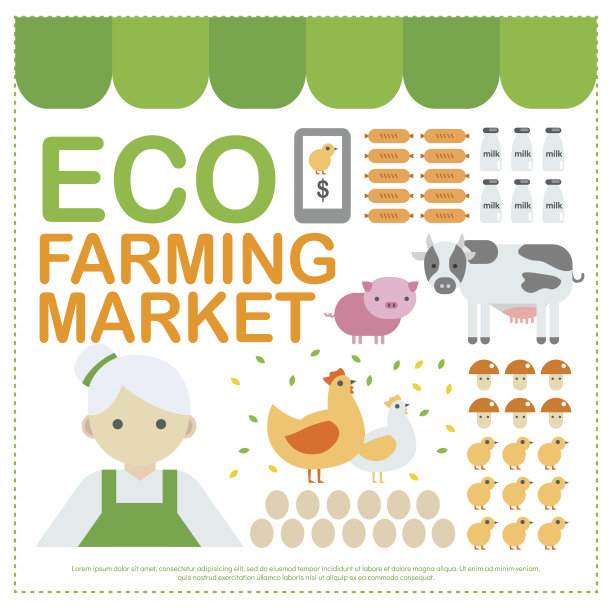 生态农业绿色在线市场信息图表要素。有机清洁环境产品在农场牛，牛奶，鸡蛋，鸡，猪和蘑菇，生态在线市场现代模板信息图形元素图片下载
