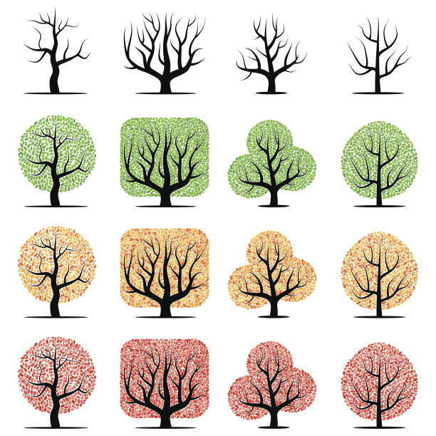 16个向量树的集合，有绿色，黄色，红色叶子和没有叶子图片下载