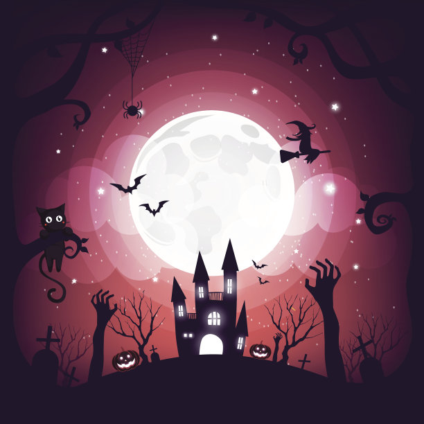 万圣节元素设计满月背景，复制空间，矢量插图图片下载