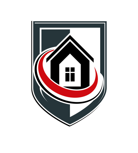 产权保护理念，程式化的纹章符号与向量经典的房子。房地产代理图形元素，概念盾，可用于网页设计。图片下载