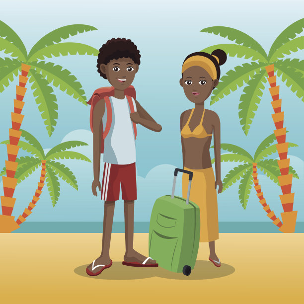 一对背着背包的美国黑人夫妇，棕榈沙滩图片下载