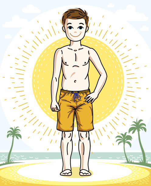 孩子年轻男孩可爱的站着穿着时尚的沙滩短裤。矢量相当不错的人类插图。童年生活剪辑艺术。图片下载