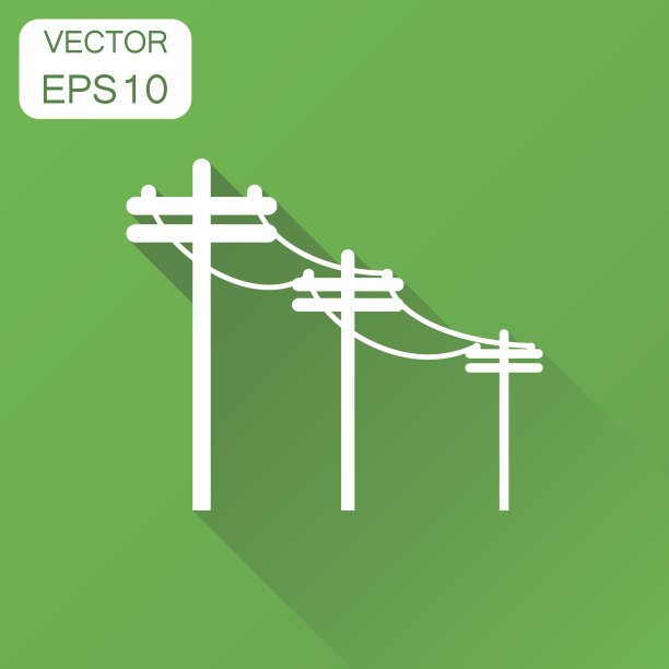 高压电线图标。经营理念电杆象形图。矢量插图上的绿色背景和长阴影。图片下载