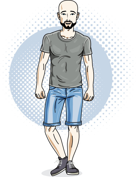 自信的运动员英俊的光头青年站着。矢量插图的男性穿着休闲衣服，牛仔裤短裤和t恤。图片下载