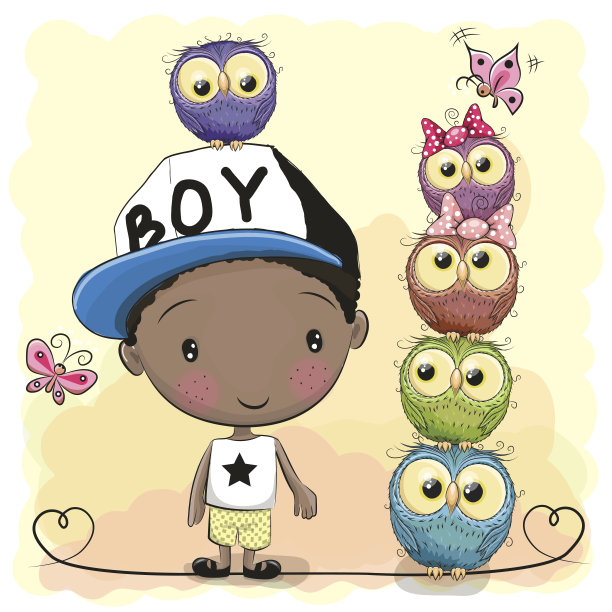 可爱的卡通男孩和五只猫头鹰图片下载