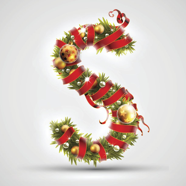 圣诞节的字体。字母S的圣诞树的树枝上，用红丝带和金球装饰着。非常现实的例证。图片下载