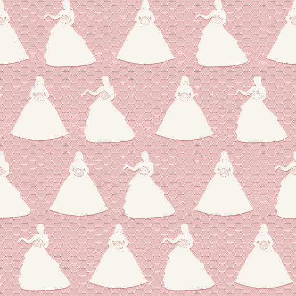 无缝蕾丝婚礼背景。粉色背景上的新娘的白色剪影。图片下载