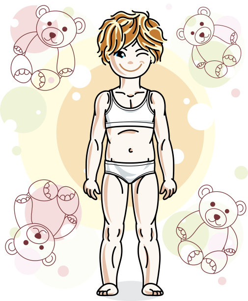 可爱的红发小女孩穿着内衣站在泰迪熊的背景。矢量插图。图片下载
