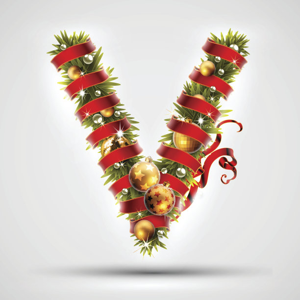 圣诞节的字体。字母V的圣诞树的树枝上，用红丝带和金球装饰着。非常现实的例证。图片下载