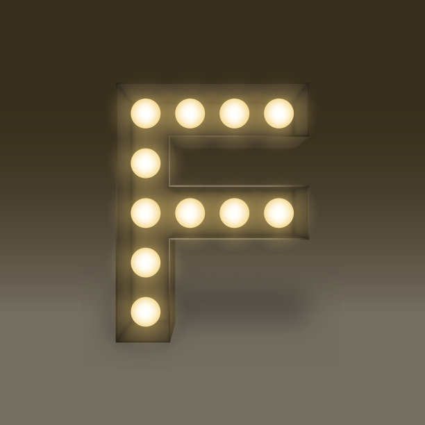 字母表白炽灯灯箱设置字母F，插图复古3D风格孤立辉光在黑暗的背景图片下载