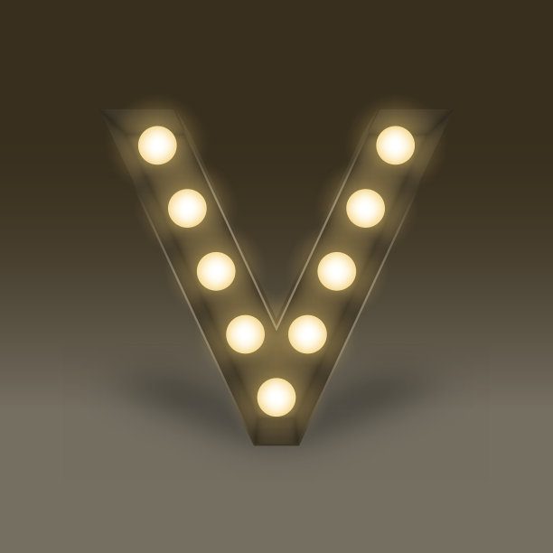字母表白炽灯灯箱设置字母V，插图复古3D风格孤立辉光在黑暗的背景图片下载
